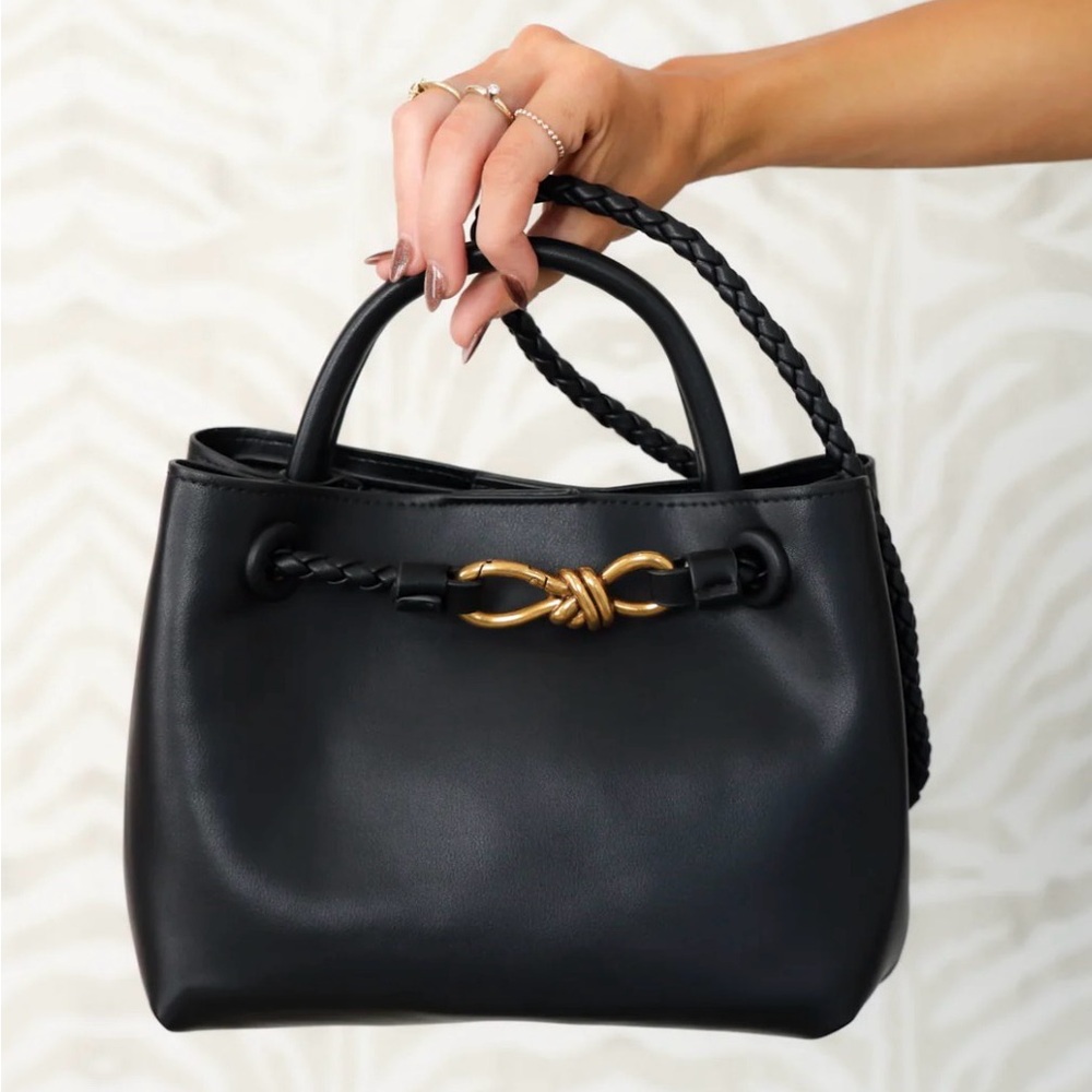Classic Black Leather Knot-Accent Tote